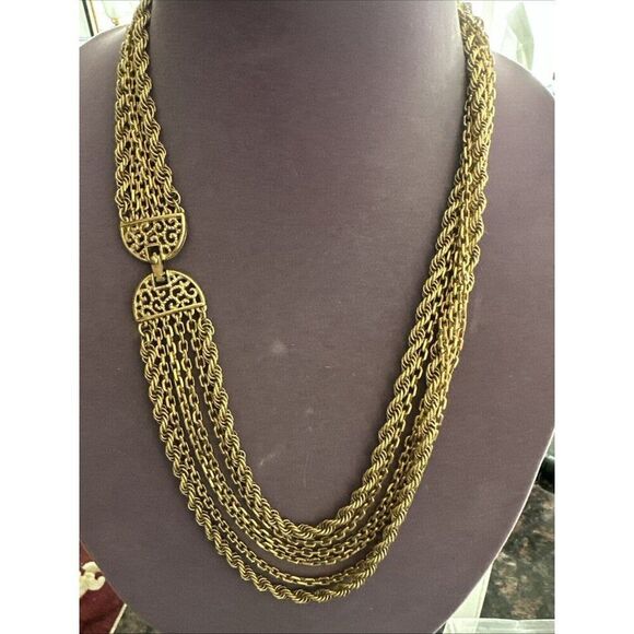 Vintage Signed Monet Gold Tone 6 Row Chains Bib Style Necklace Ornate Clasp - Picture 1 of 4